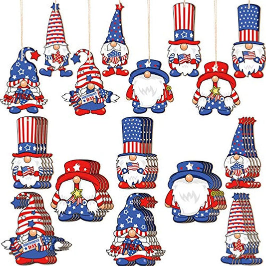 Qunclay 24 Pieces Patriotic Gnome Wood Ornaments 4th of July Independence Day Gnome Wooden Pendant Leprechaun Gnome Ornament Decoration for Independence Day Home Decoration