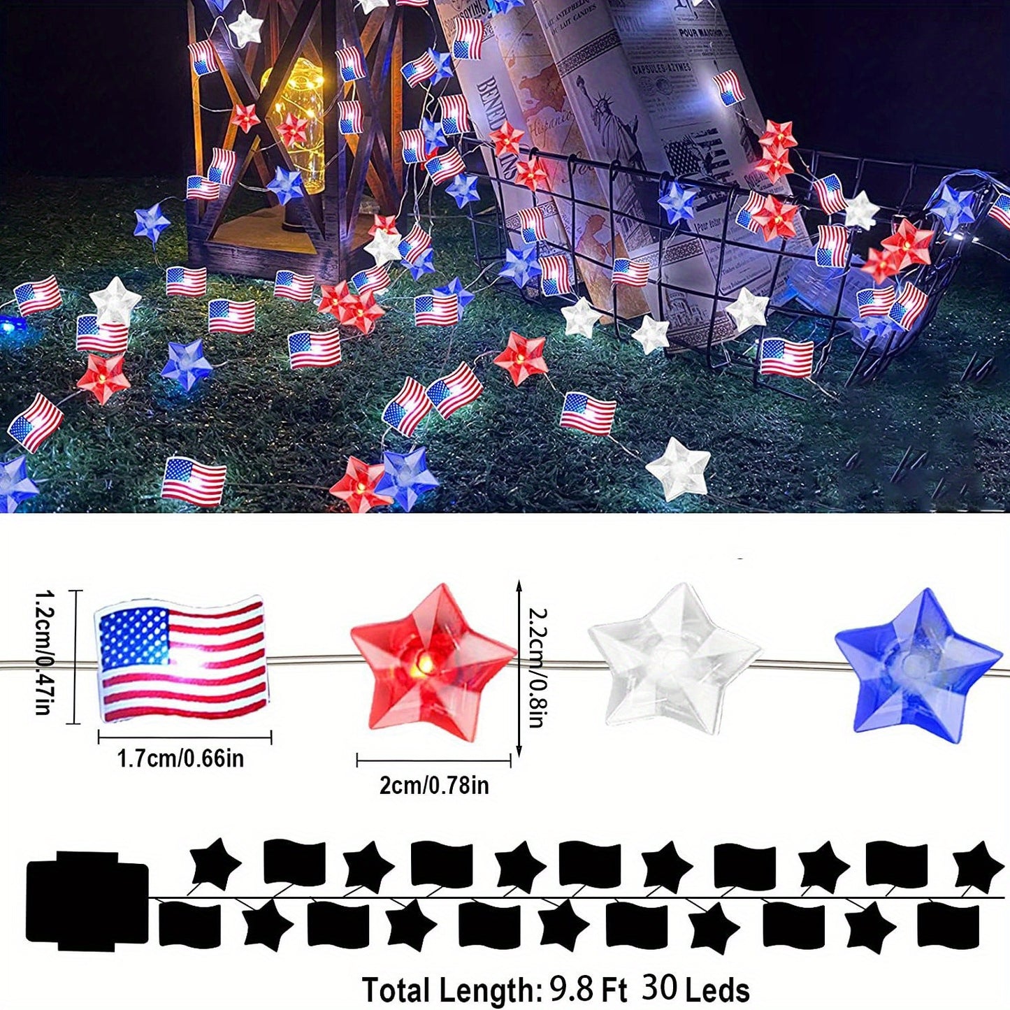 1pc, Flag String Lights, 4th Of July Memorial Day American Flag Stars Decoration String Lights, Battery Operated With Multi-Function Remote Lights, Home Room Scene Decor