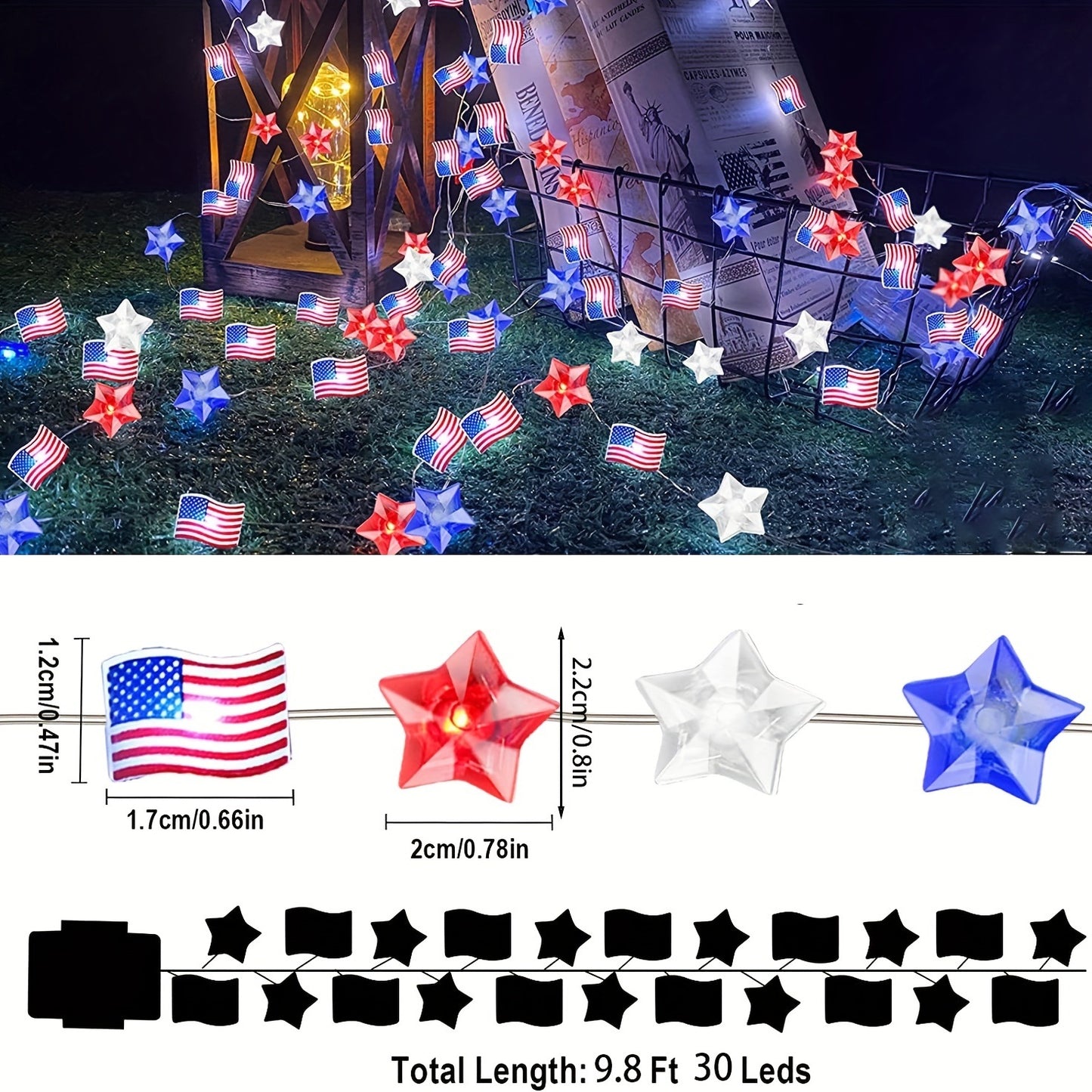 1pc, Flag String Lights, 4th Of July Memorial Day American Flag Stars Decoration String Lights, Battery Operated With Multi-Function Remote Lights, Home Room Scene Decor