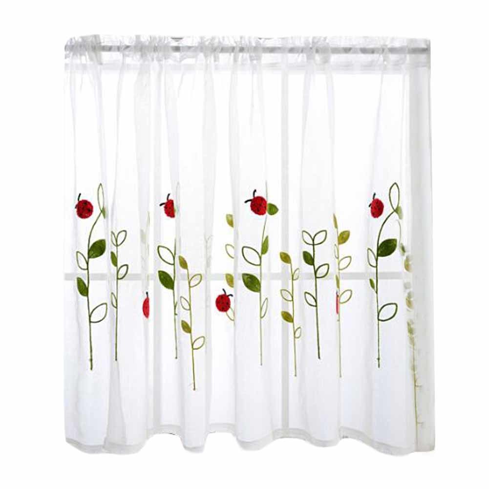 Semi-Sheer Half Cafe Window Curtain Short Cabinet Curtain Lace Embroidery Curtain, Ladybird,59x30 inch