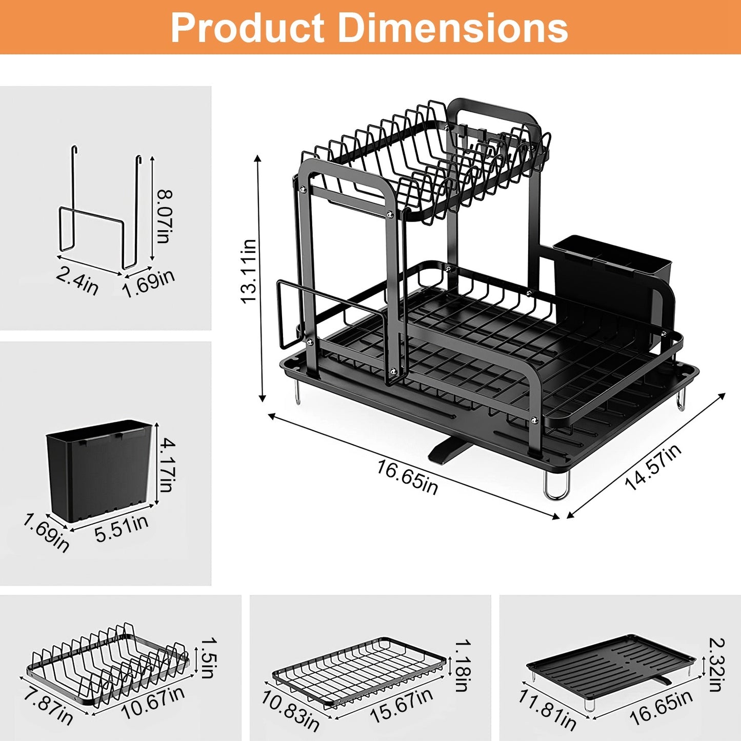 2-Tier Dish Drying Rack for Kitchen Counter Space Saving Rustproof Dish Rack with Drainboard Detachable Kitchen Drainer Organizer Set