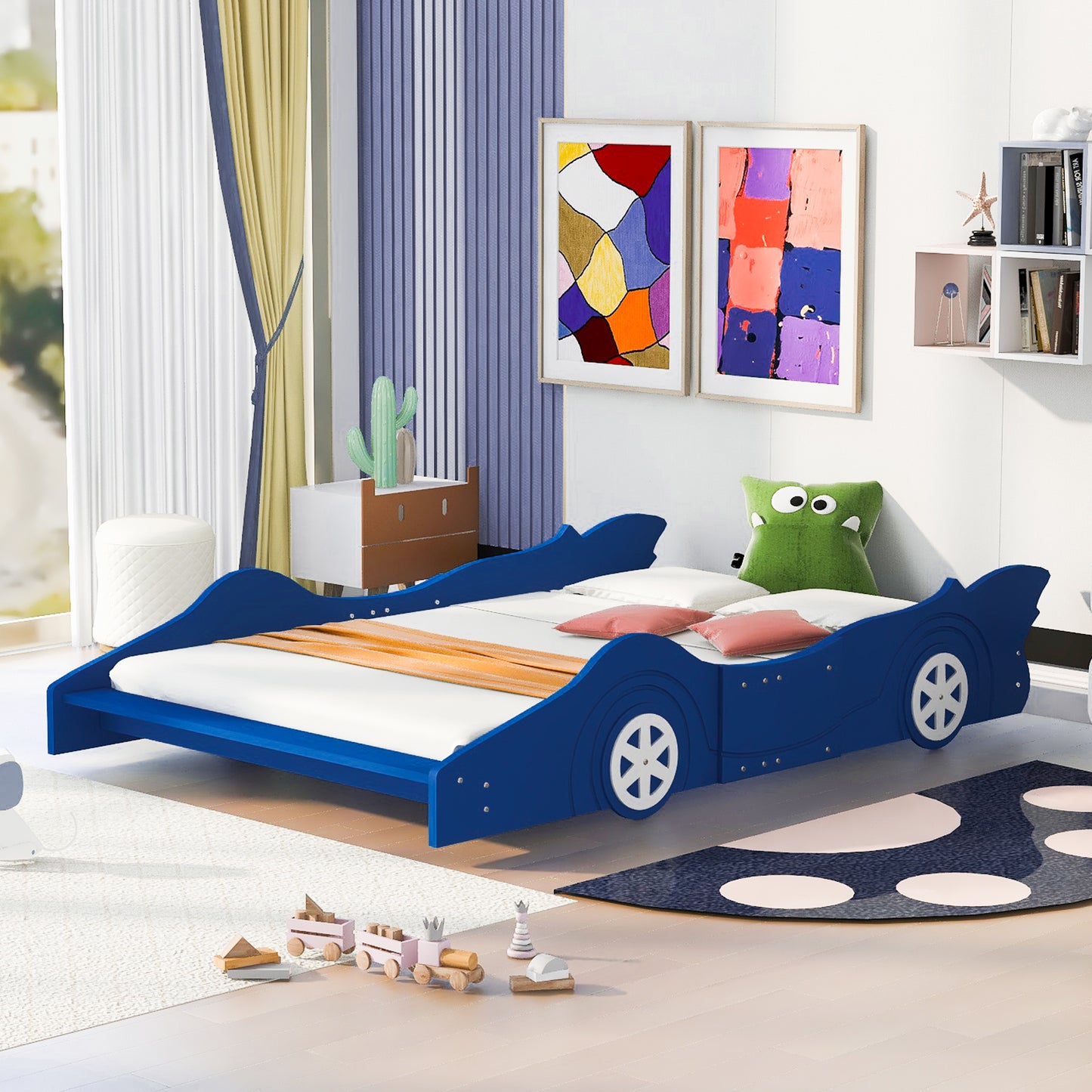 Full Size Race Car-Shaped Platform Bed with Wheels