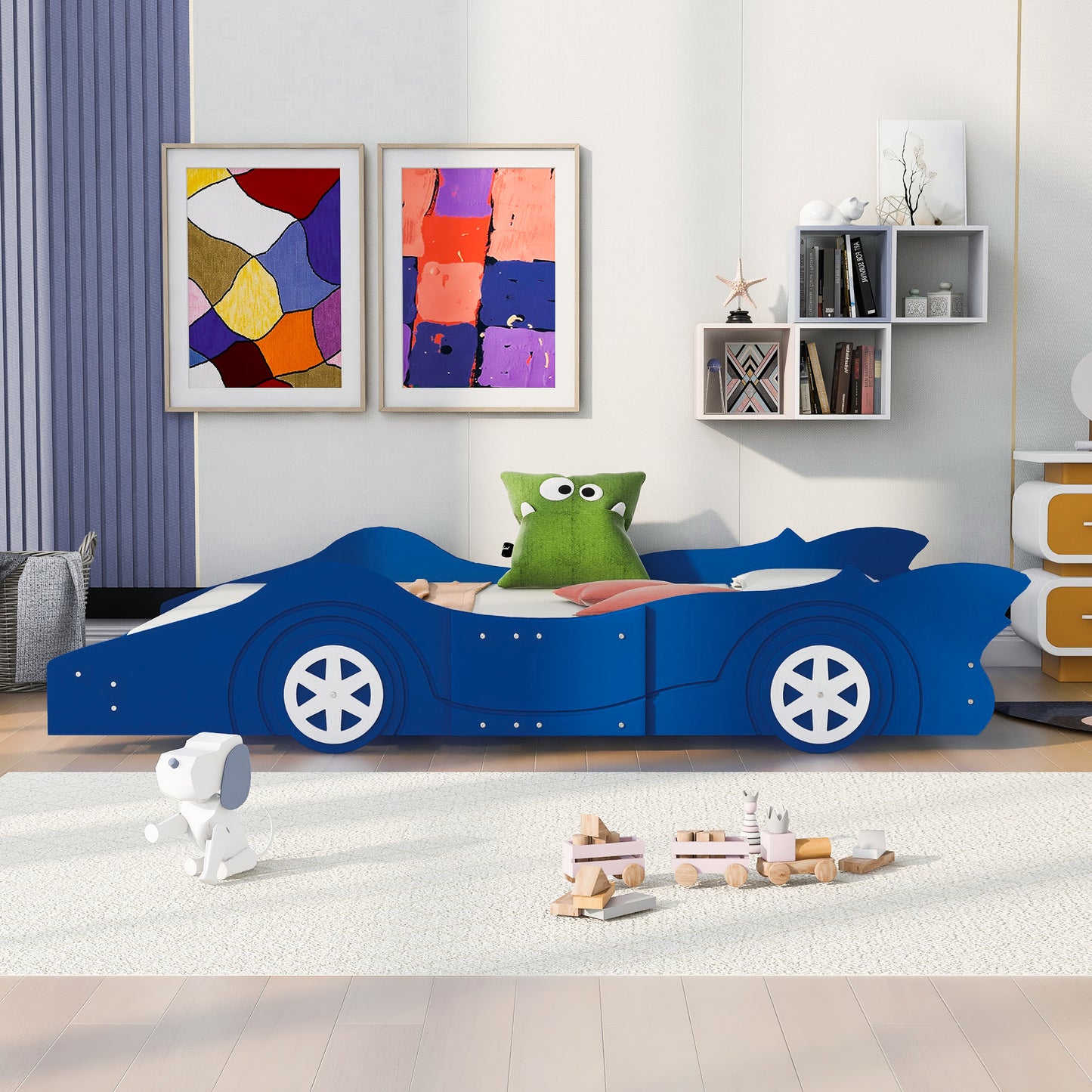 Full Size Race Car-Shaped Platform Bed with Wheels