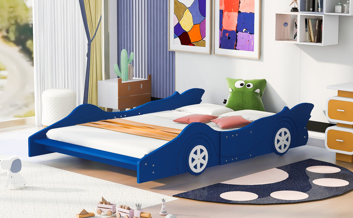 Full Size Race Car-Shaped Platform Bed with Wheels