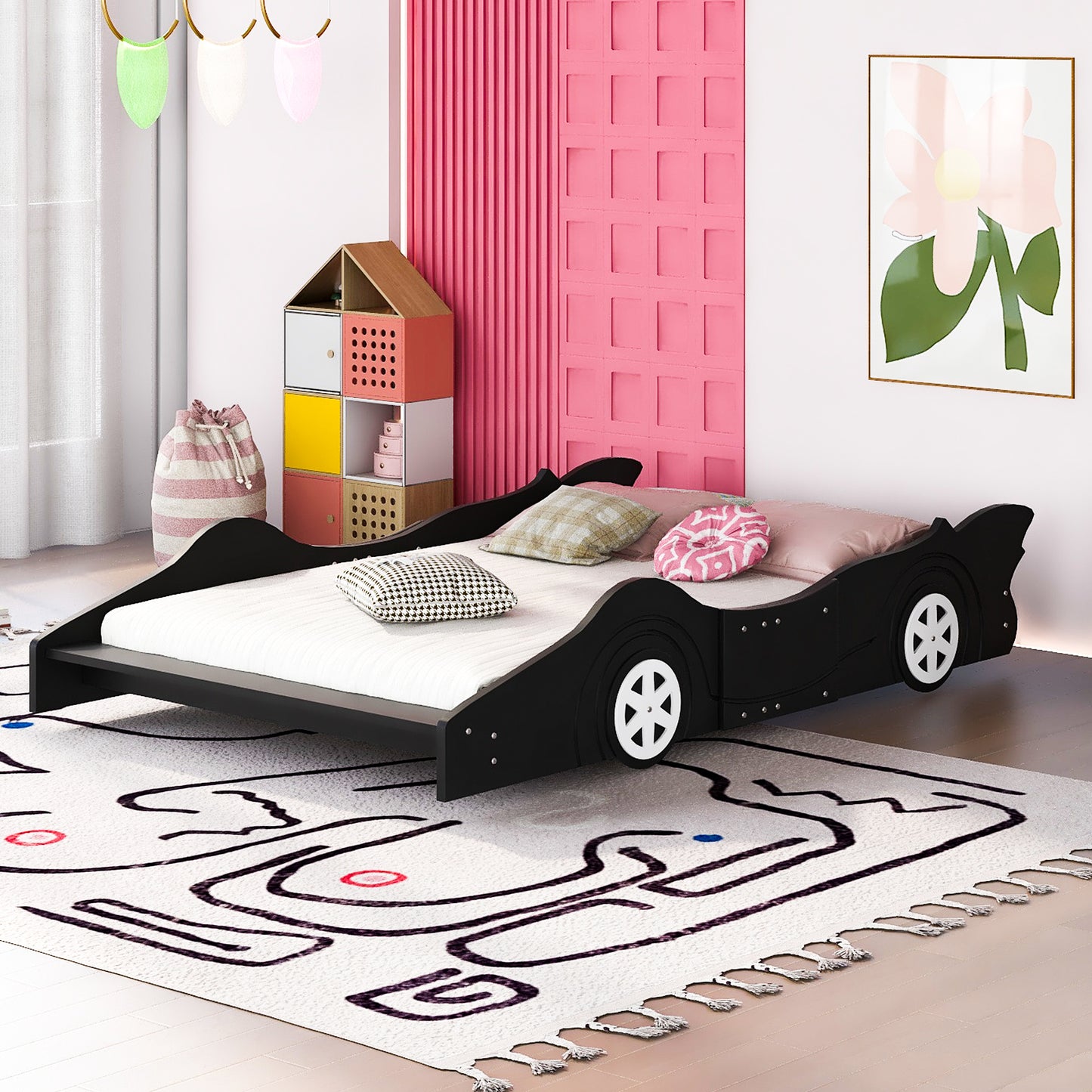 Full Size Race Car-Shaped Platform Bed with Wheels