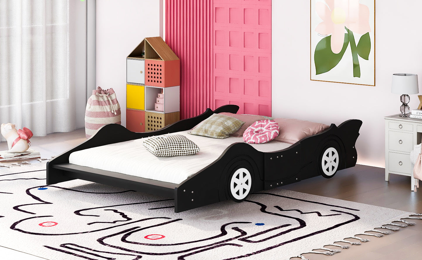 Full Size Race Car-Shaped Platform Bed with Wheels