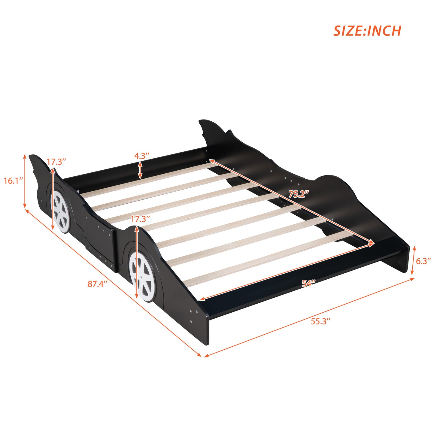 Full Size Race Car-Shaped Platform Bed with Wheels