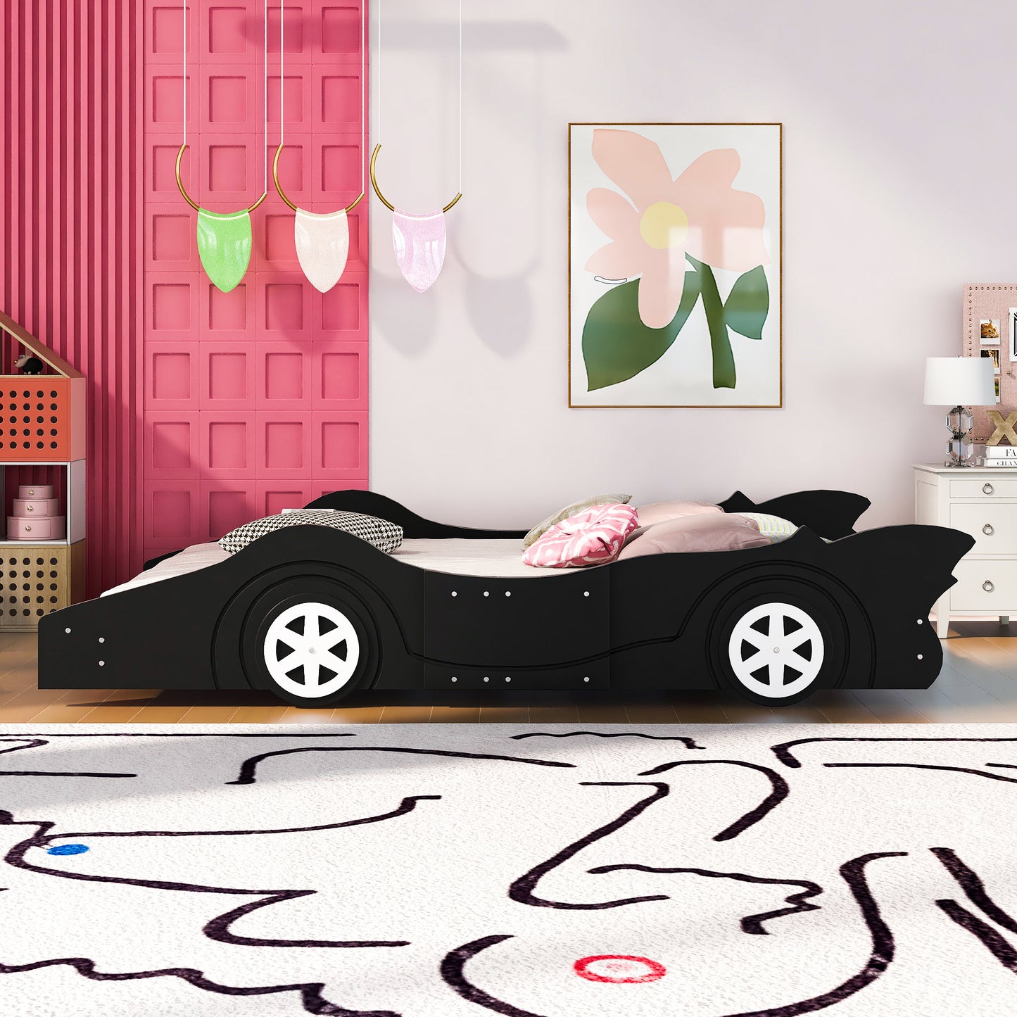 Full Size Race Car-Shaped Platform Bed with Wheels