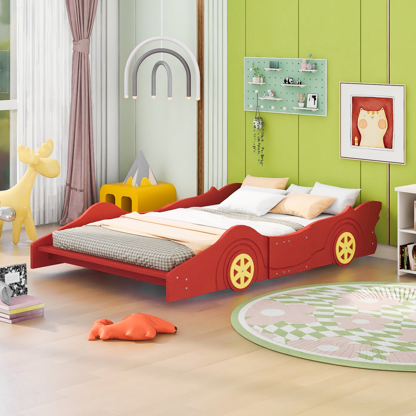 Full Size Race Car-Shaped Platform Bed with Wheels