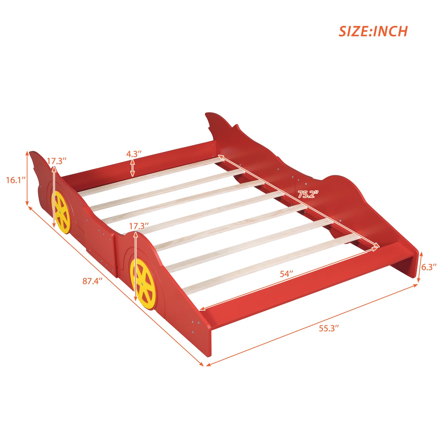 Full Size Race Car-Shaped Platform Bed with Wheels