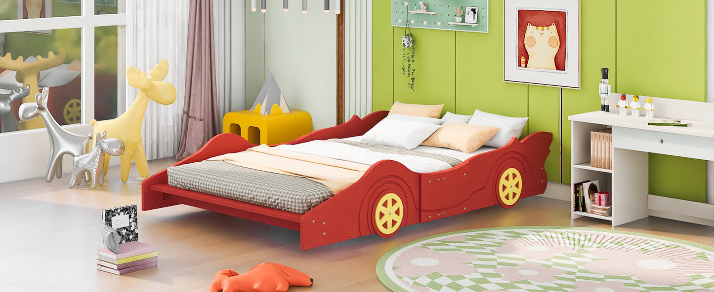 Full Size Race Car-Shaped Platform Bed with Wheels