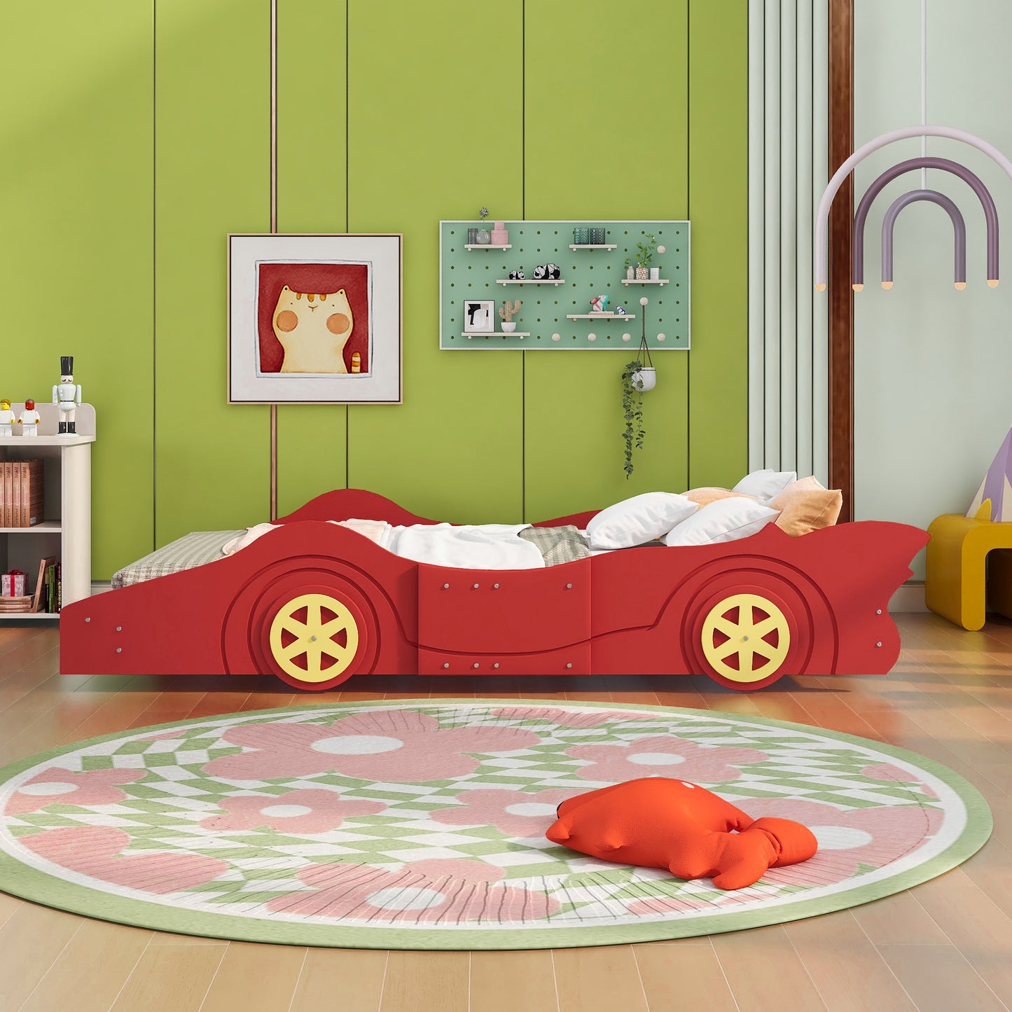 Full Size Race Car-Shaped Platform Bed with Wheels