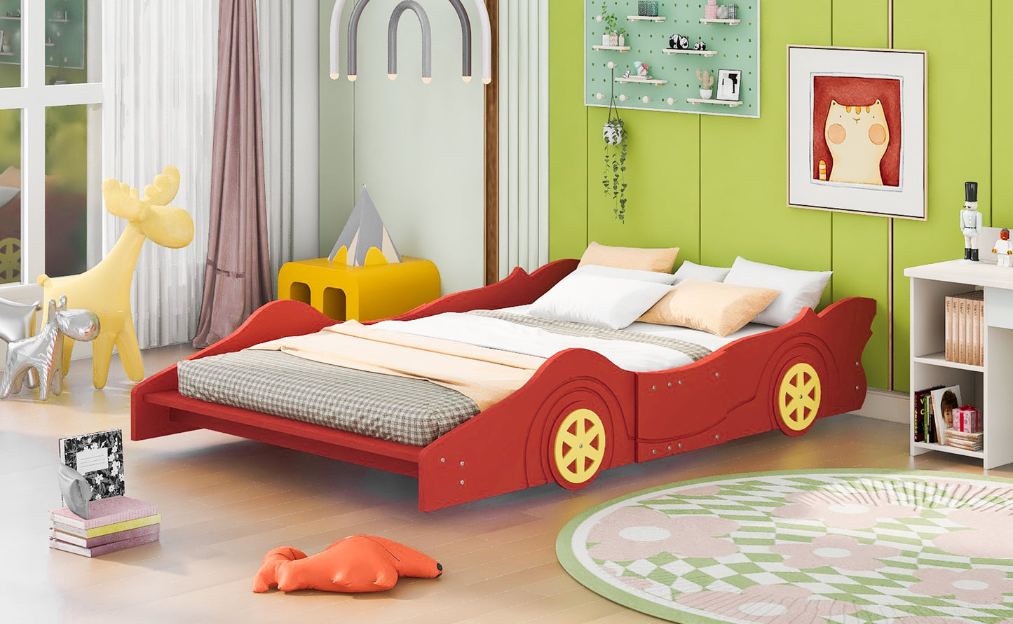 Full Size Race Car-Shaped Platform Bed with Wheels