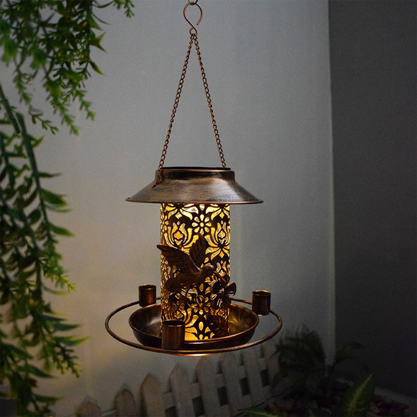 Solar Bird Feeder Decorative Hanging Bird Feeder Lantern Warm White Light Bird Feeder for Outdoor Garden Backyard