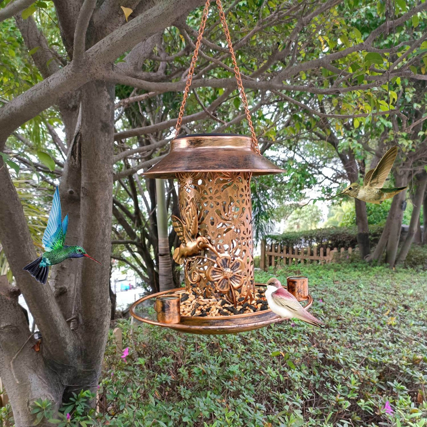 Solar Bird Feeder Decorative Hanging Bird Feeder Lantern Warm White Light Bird Feeder for Outdoor Garden Backyard