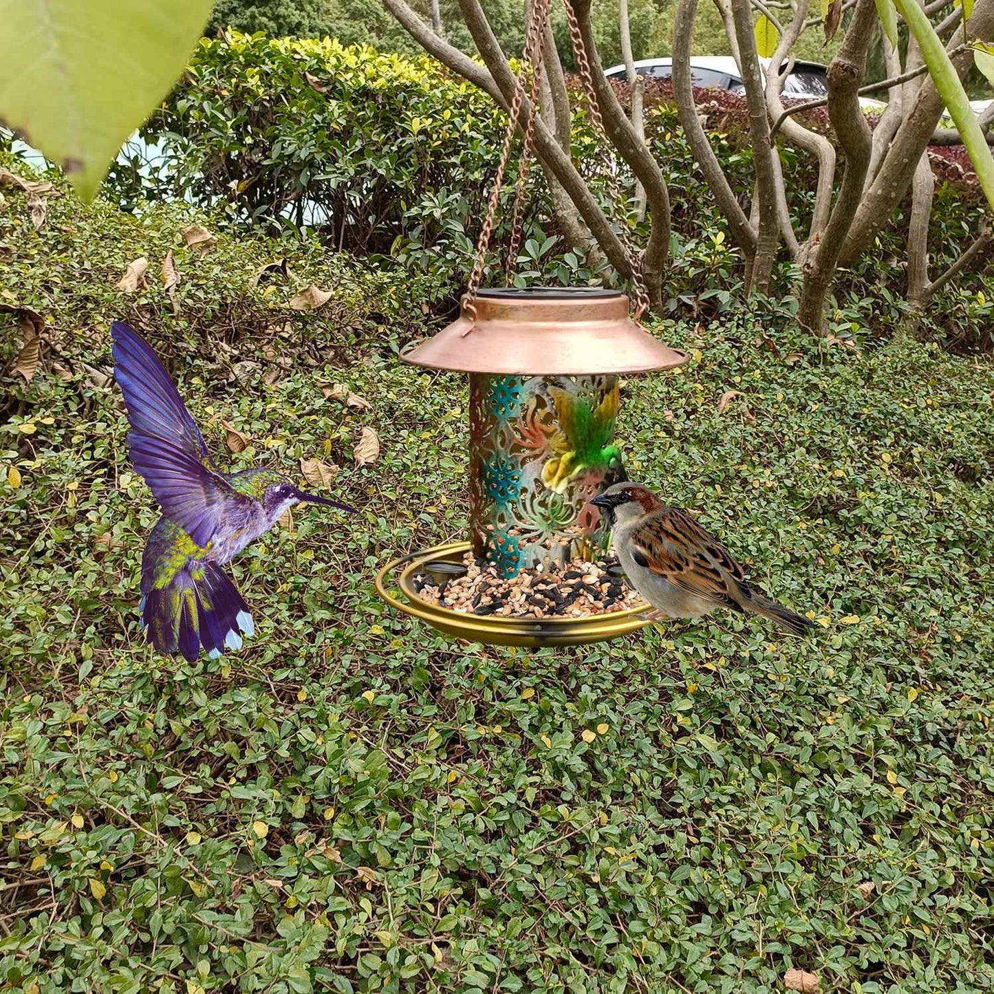 Solar Bird Feeder Decorative Hanging Bird Feeder Lantern Warm White Light Bird Feeder for Outdoor Garden Backyard