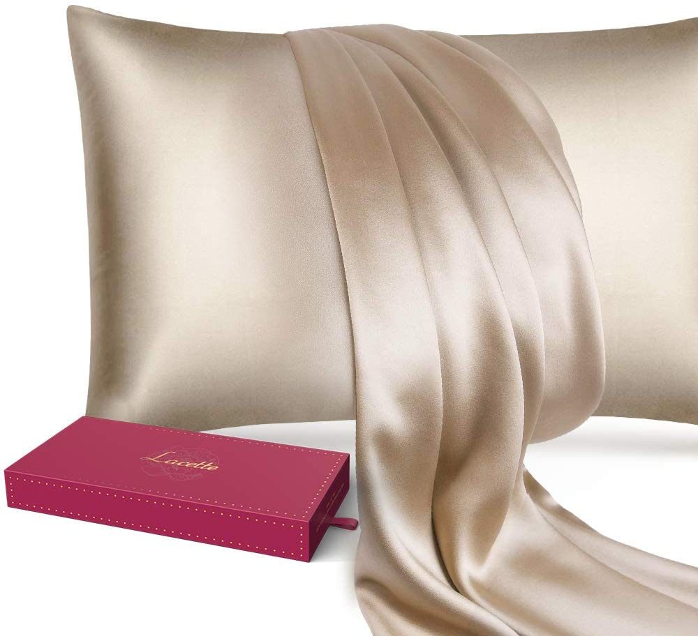 1PC Champagne Queen Size 20"x30" Lacette Silk Pillowcase for Hair and Skin, 22 Momme 6A Soft Silk Pillow Case with Hidden Zipper, Gift Box, 600 Thread Count, Double Side Silk/Wood Pulp Fiber