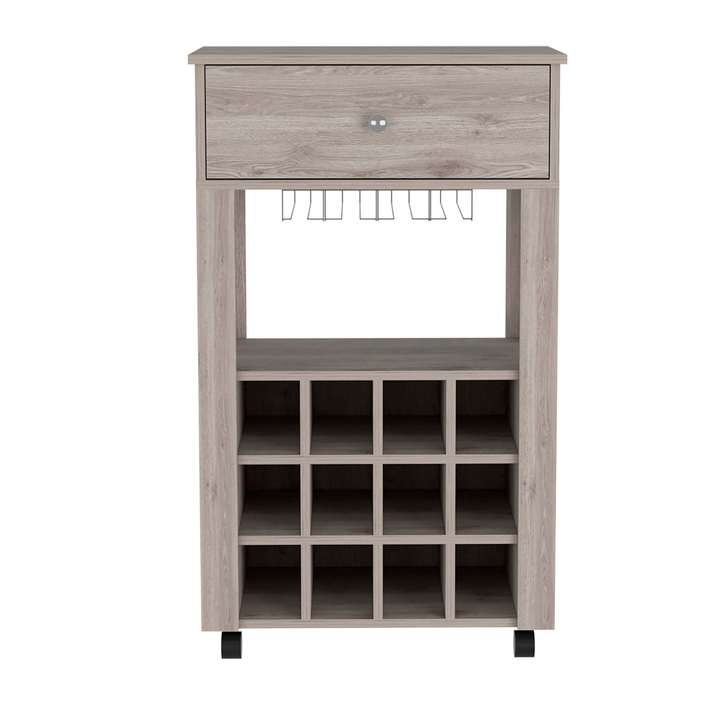 Ace Bar Cart; Twelve Built-in Wine Rack; Four Legs; One Open Shelf