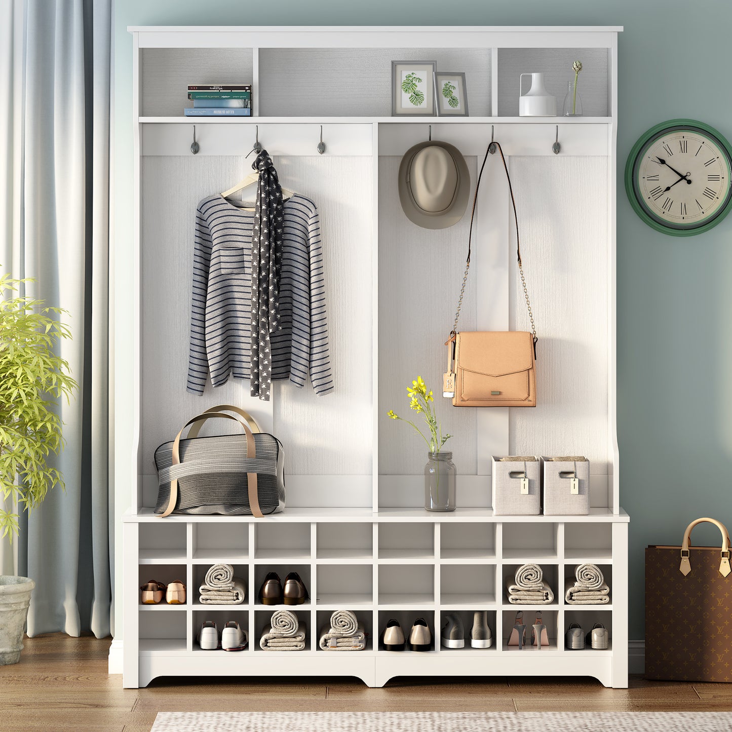 ON-TREND Modern Style Multiple Functions Hallway Coat Rack with Metal Black Hooks;  Entryway Bench 60" Wide Hall Tree with Ample Storage Space and 24 Shoe Cubbies ;  White