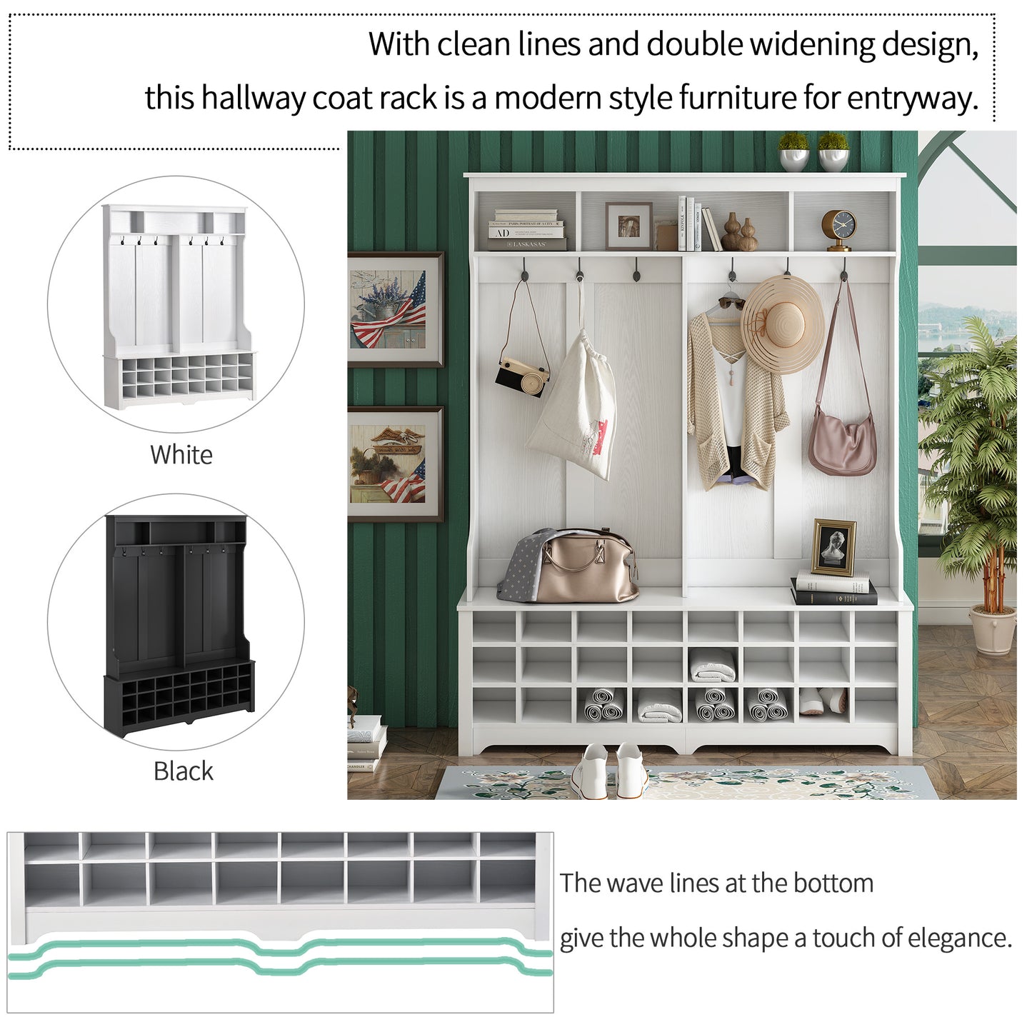 ON-TREND Modern Style Multiple Functions Hallway Coat Rack with Metal Black Hooks;  Entryway Bench 60" Wide Hall Tree with Ample Storage Space and 24 Shoe Cubbies ;  White