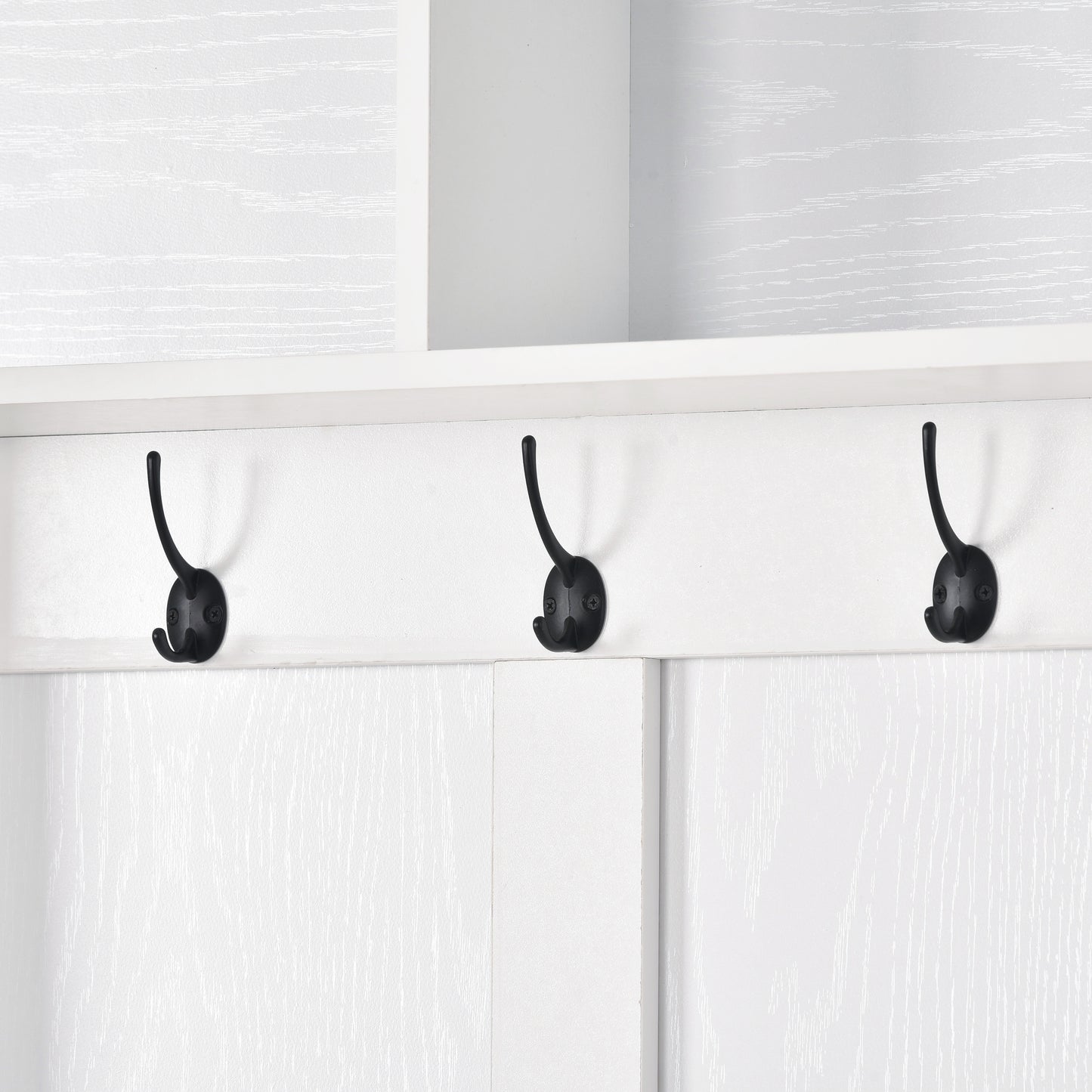 ON-TREND Modern Style Multiple Functions Hallway Coat Rack with Metal Black Hooks;  Entryway Bench 60" Wide Hall Tree with Ample Storage Space and 24 Shoe Cubbies ;  White