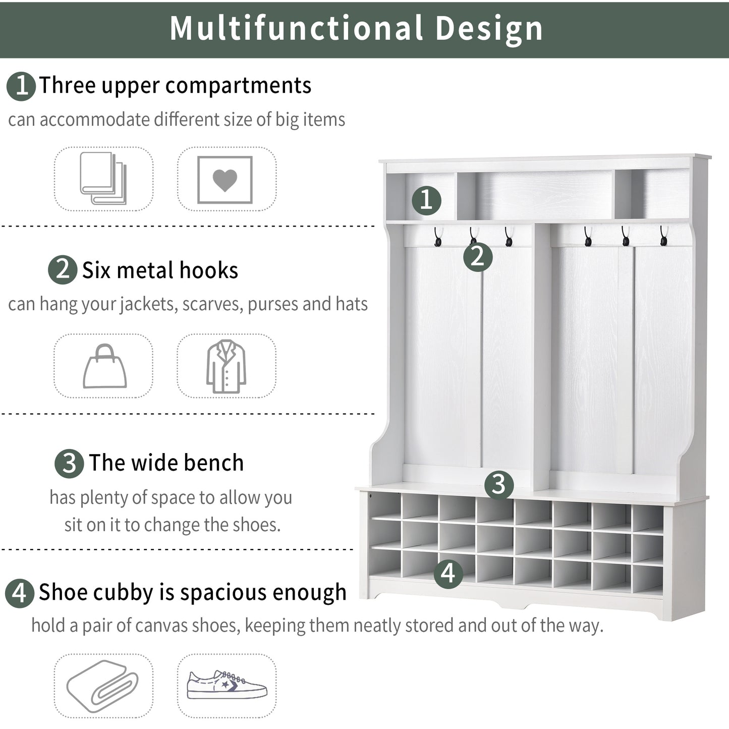 ON-TREND Modern Style Multiple Functions Hallway Coat Rack with Metal Black Hooks;  Entryway Bench 60" Wide Hall Tree with Ample Storage Space and 24 Shoe Cubbies ;  White