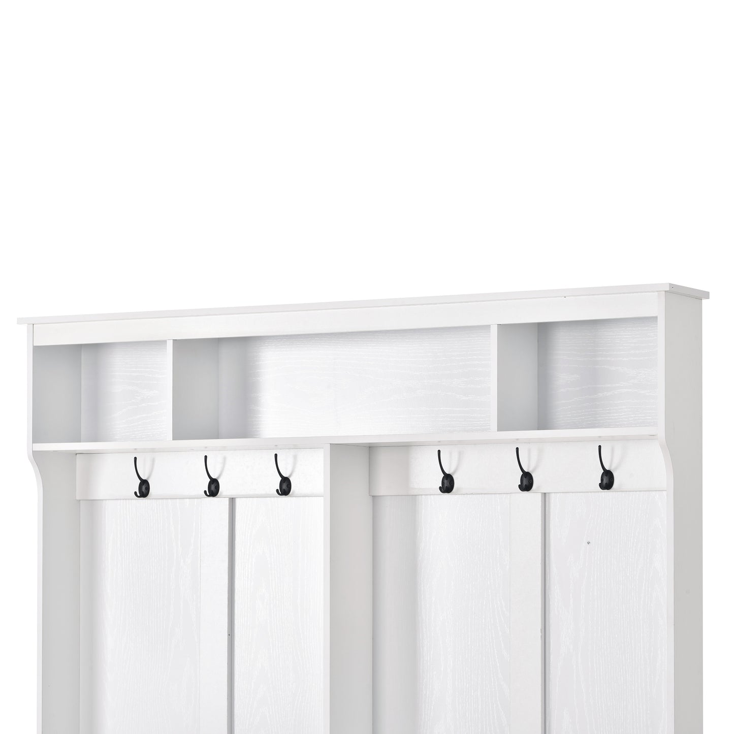 ON-TREND Modern Style Multiple Functions Hallway Coat Rack with Metal Black Hooks;  Entryway Bench 60" Wide Hall Tree with Ample Storage Space and 24 Shoe Cubbies ;  White