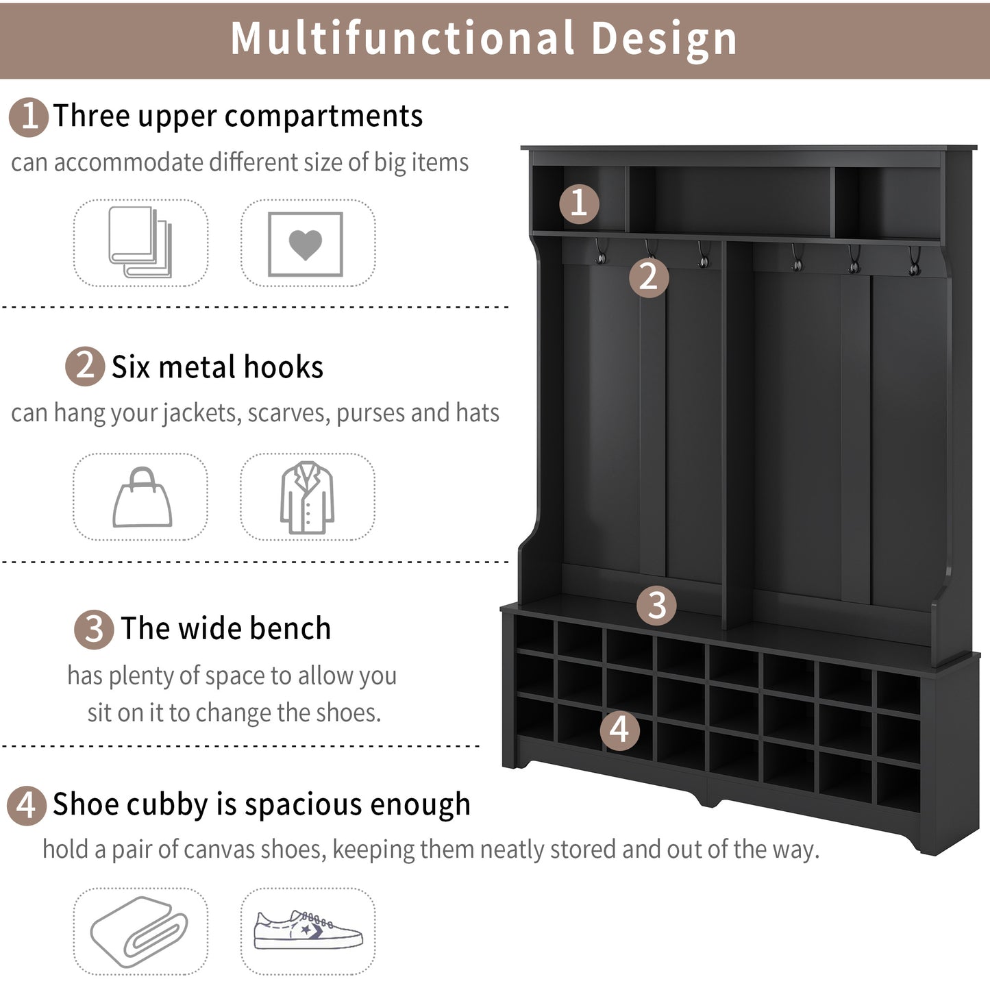 ON-TREND Modern Style Multiple Functions Hallway Coat Rack with Metal Black Hooks;  Entryway Bench 60" Wide Hall Tree with Ample Storage Space and 24 Shoe Cubbies ;  White