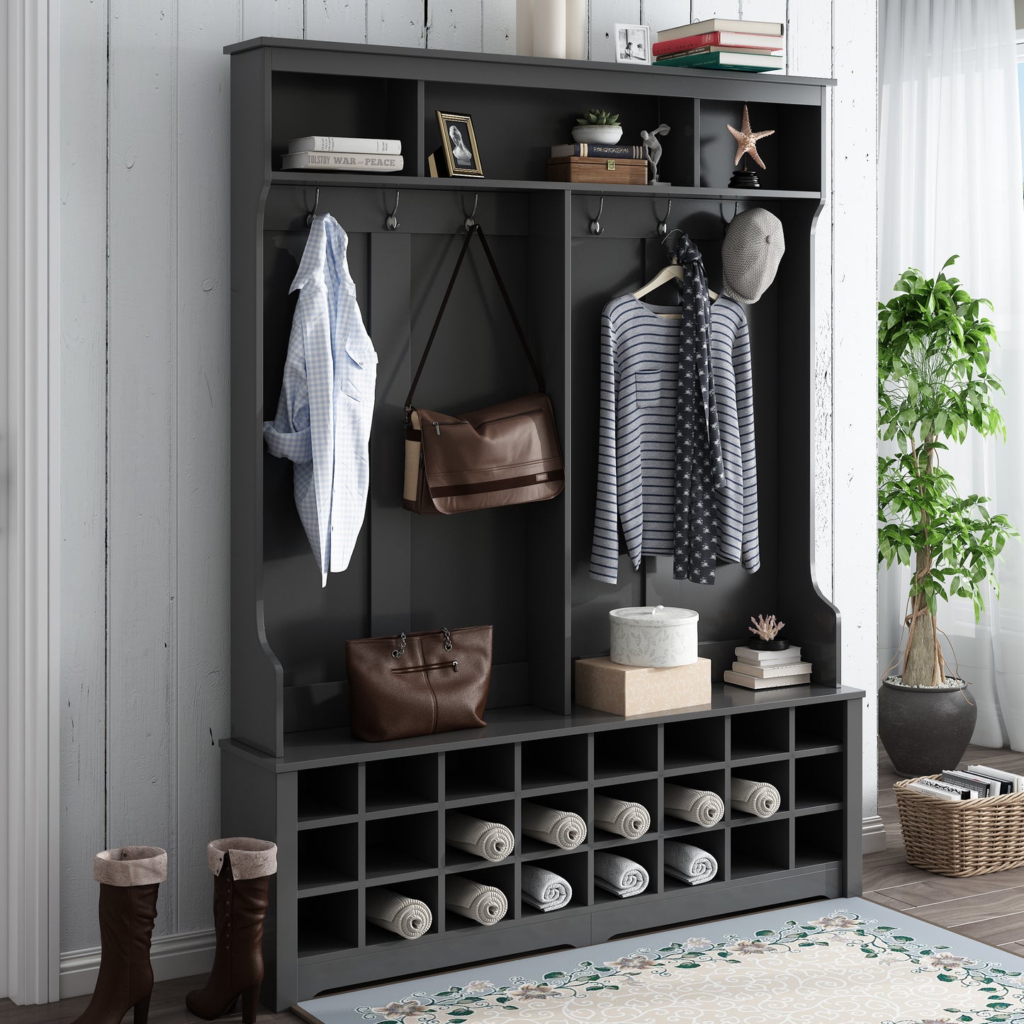 ON-TREND Modern Style Multiple Functions Hallway Coat Rack with Metal Black Hooks;  Entryway Bench 60" Wide Hall Tree with Ample Storage Space and 24 Shoe Cubbies ;  White