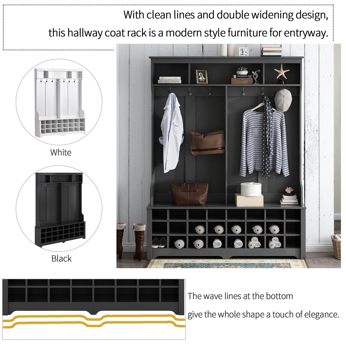 ON-TREND Modern Style Multiple Functions Hallway Coat Rack with Metal Black Hooks;  Entryway Bench 60" Wide Hall Tree with Ample Storage Space and 24 Shoe Cubbies ;  White