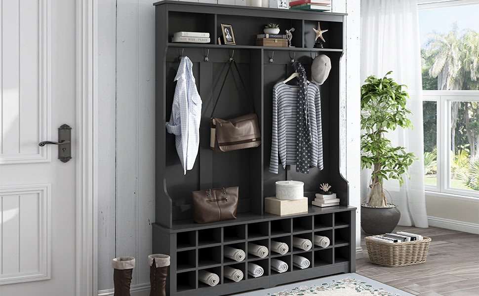 ON-TREND Modern Style Multiple Functions Hallway Coat Rack with Metal Black Hooks;  Entryway Bench 60" Wide Hall Tree with Ample Storage Space and 24 Shoe Cubbies ;  White