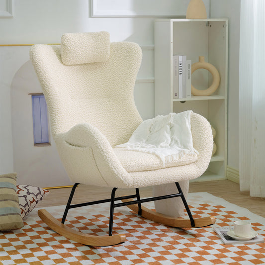 Rocking Chair Nursery, Teddy Upholstered Rocker Glider Chair with High Backrest, Adjustable Headrest & Pocket, Comfy Glider Chair for Nursery, Bedroom, Living Room, Offices, Rubber wood, beige