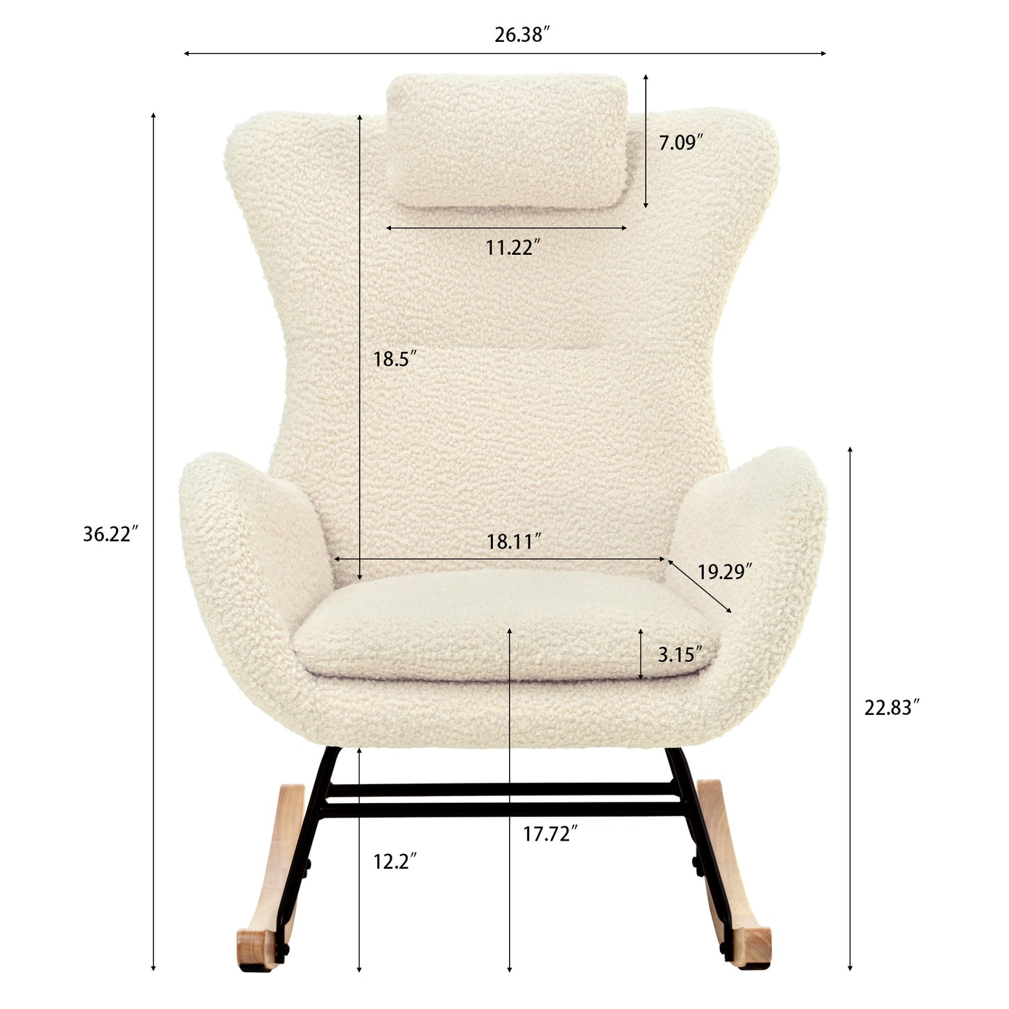 Rocking Chair Nursery, Teddy Upholstered Rocker Glider Chair with High Backrest, Adjustable Headrest & Pocket, Comfy Glider Chair for Nursery, Bedroom, Living Room, Offices, Rubber wood, beige