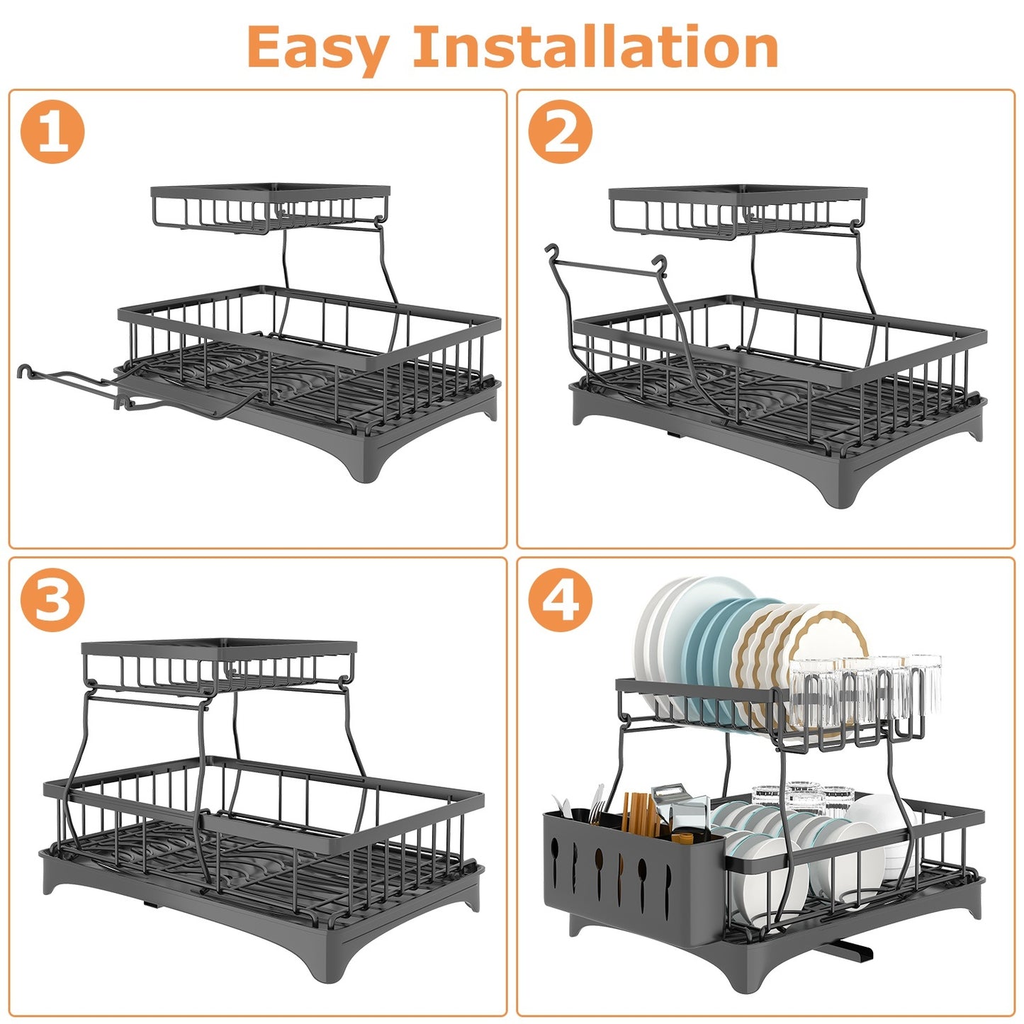 Dish Drying Rack with Drainboard Detachable 2-Tier Dish Rack Drainer Organizer Set with Utensil Holder Cup Rack Swivel Spout for Kitchen Counter