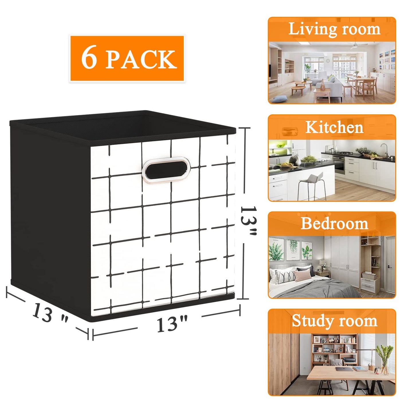 6 Pack Fabric Storage Cubes with Handle, Foldable 13x13 Inch Large Cube Storage Bins, Storage Baskets for Shelves, Storage Boxes for Organizing Closet Bins,Black