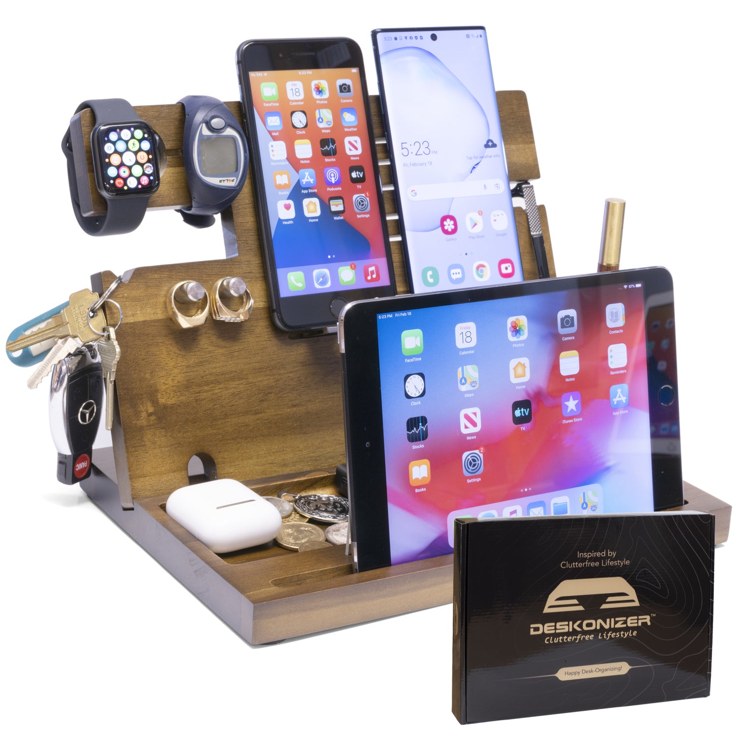 Wooden Phone Docking Station Key Holder Wallet Stand Watch Organizer Men Husband Wife  Anniversary Dad Birthday Nightstand Purse Father Graduation Male Idea Gadgets Gift Men Women Father's Day