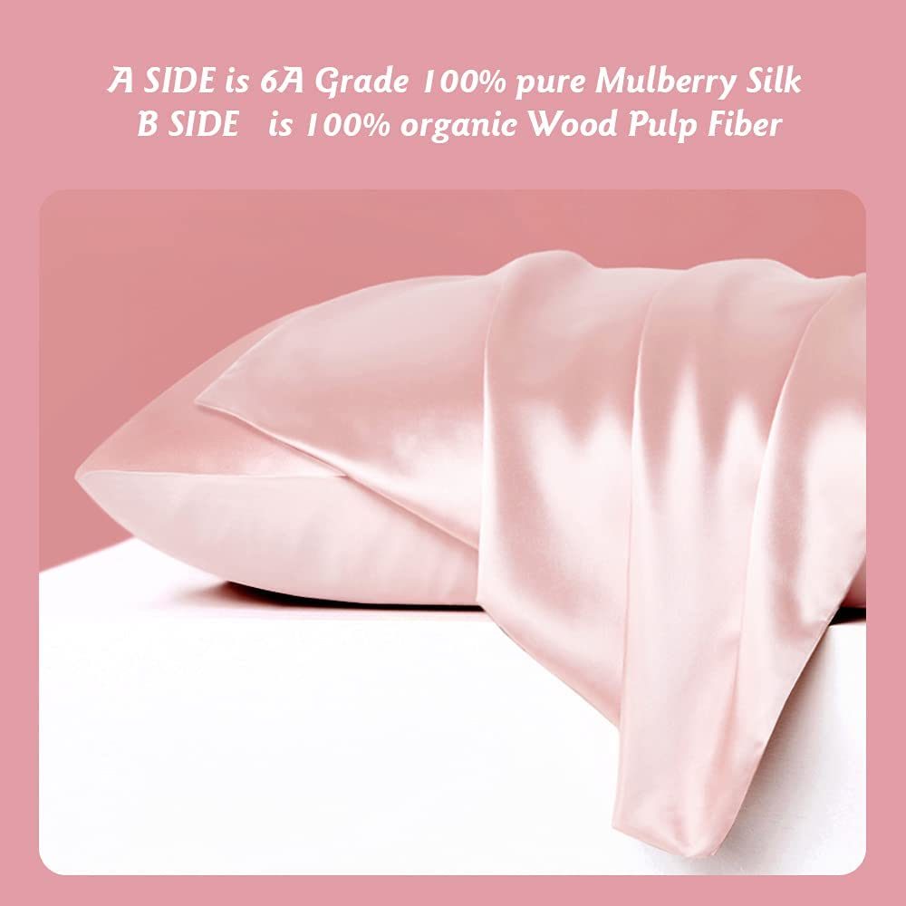 Lacette 100% Silk Pillowcase for Hair and Skin, 22 Momme 6A Soft Silk Pillow Case with Hidden Zipper, Gift Box, 600 Thread Count, Double Side Silk/Wood Pulp Fiber, 1PC, Queen 20"x30"(Pink)