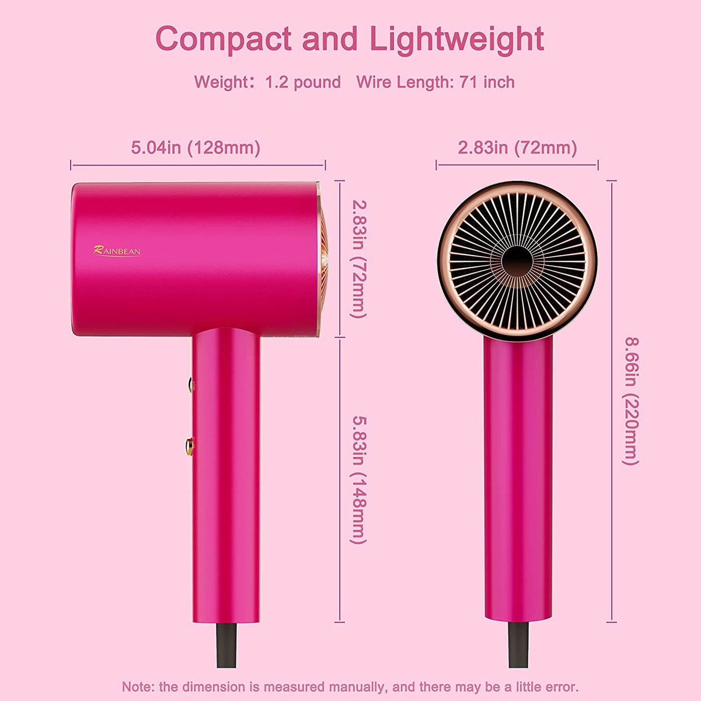 Water Ionic Hair Dryer, 1800W Blow Dryer with Magnetic Nozzle, 2 Speed and 3 Heat Settings, Powerful Low Noise Fast Drying Travel Hair Dryer for Home, Travel and Salon, Pink