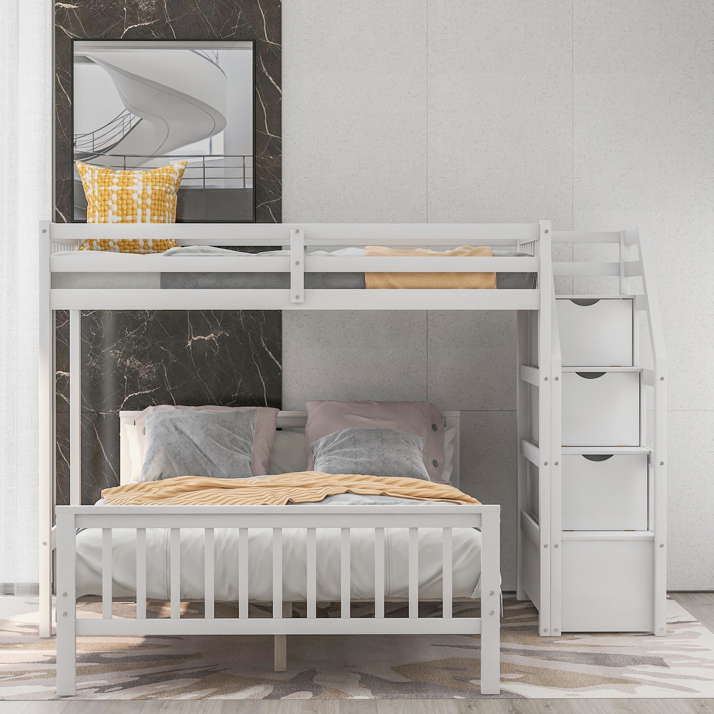 Twin over Full Loft Bed with Staircase,Gray