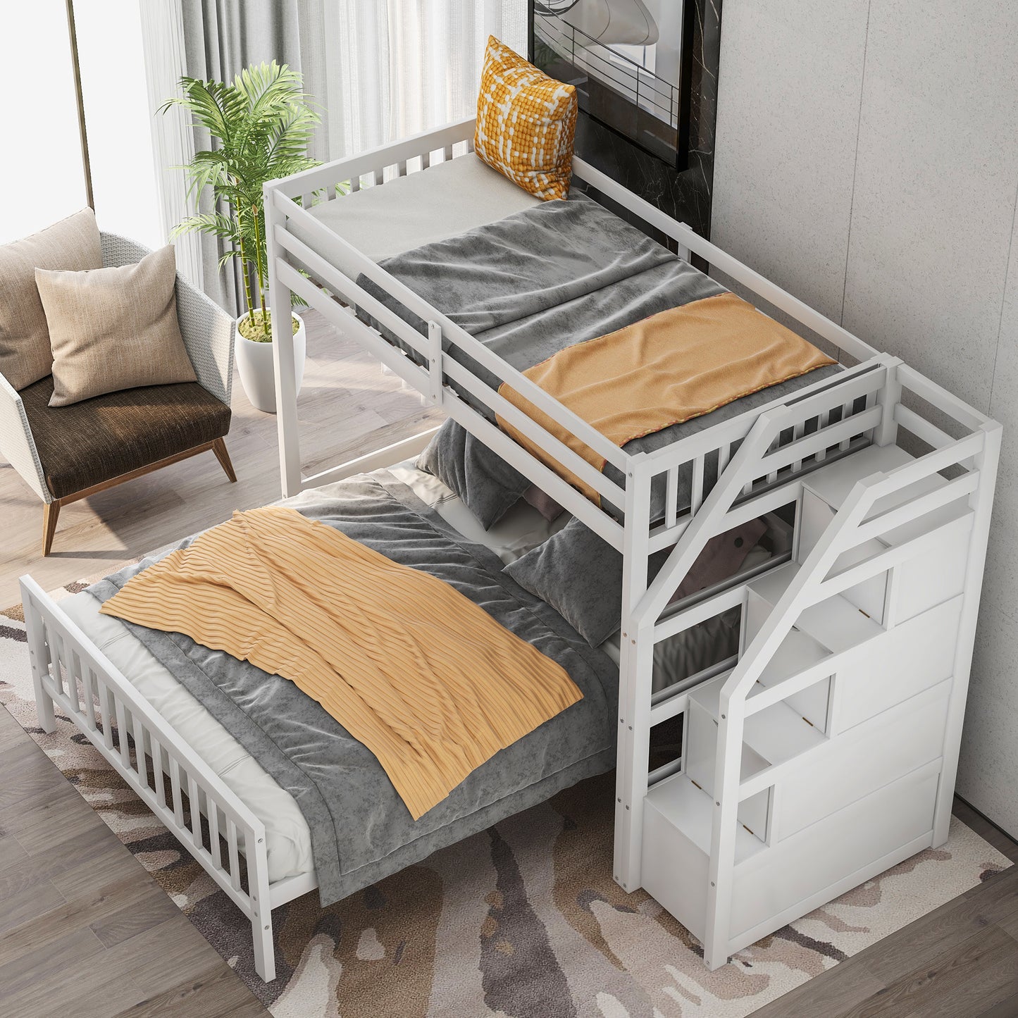 Twin over Full Loft Bed with Staircase,Gray