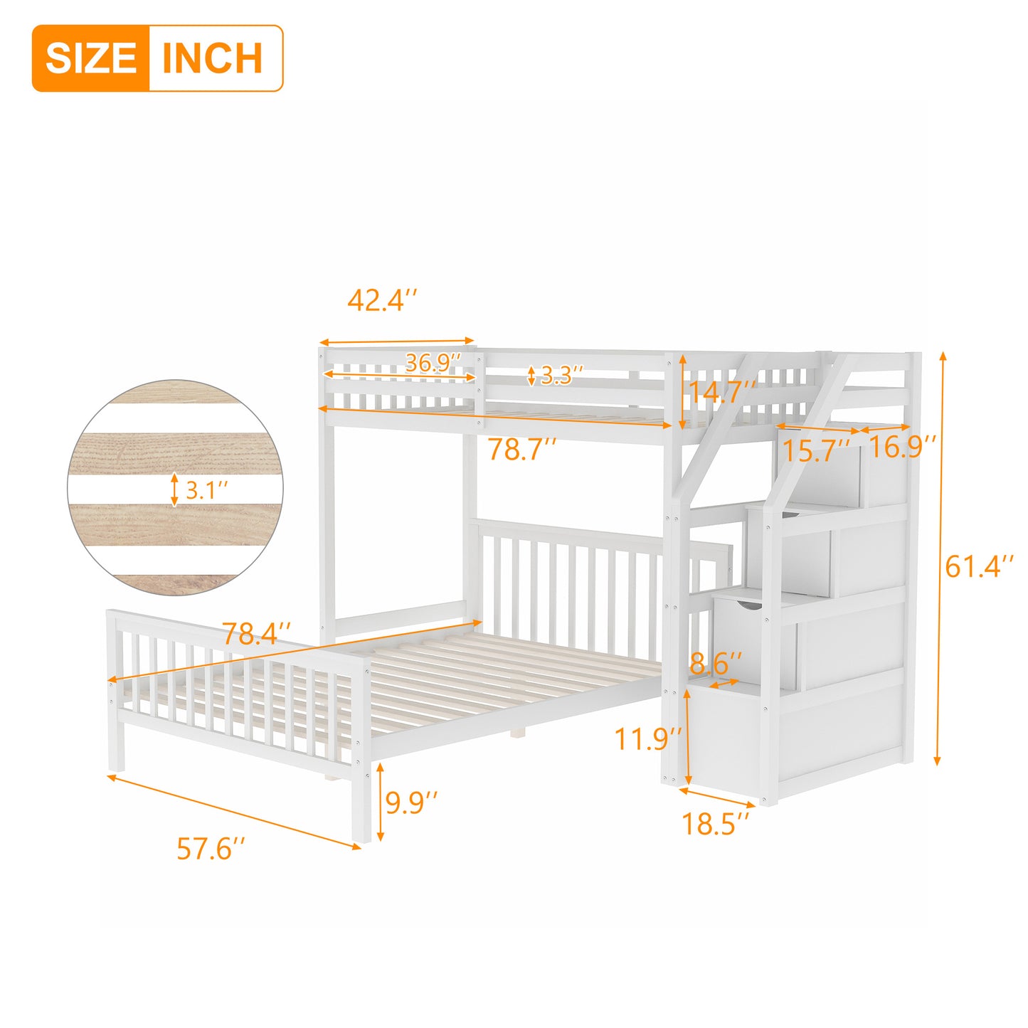 Twin over Full Loft Bed with Staircase,Gray