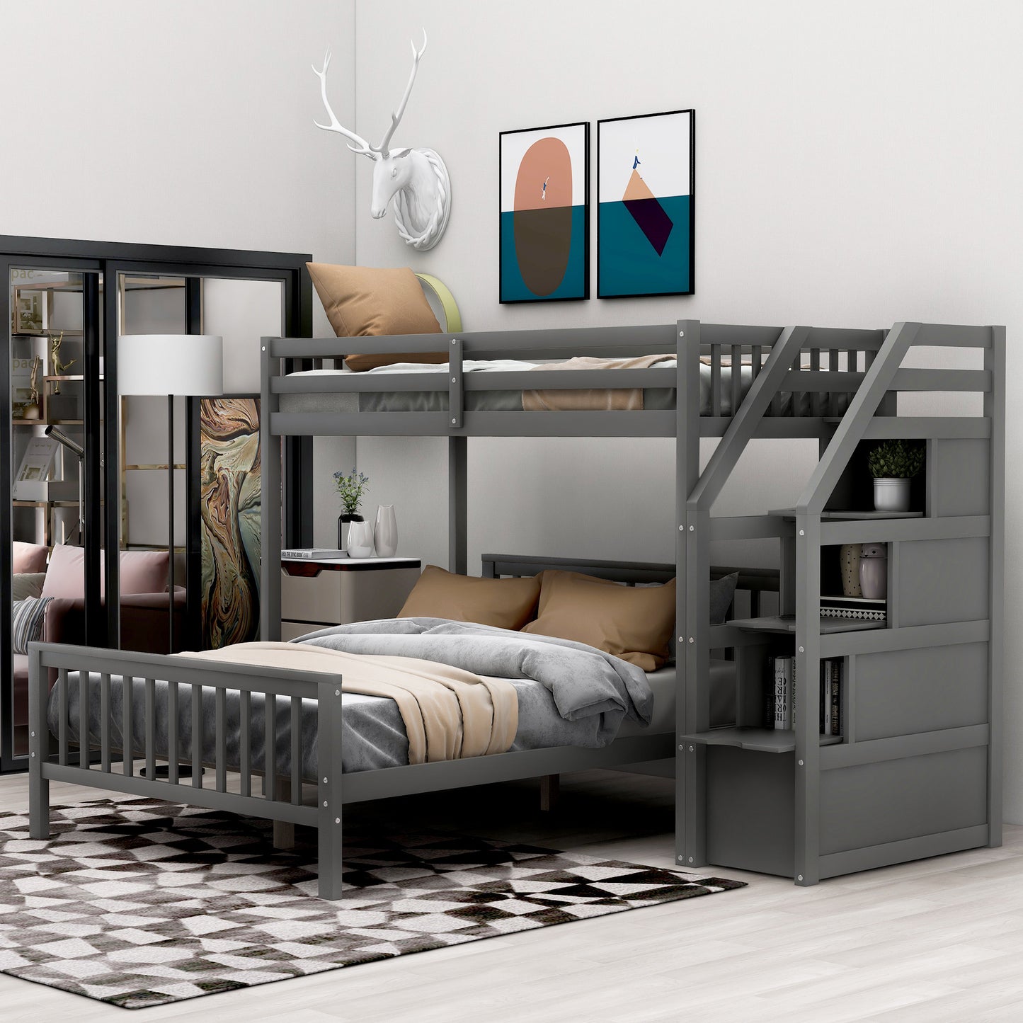 Twin over Full Loft Bed with Staircase,Gray