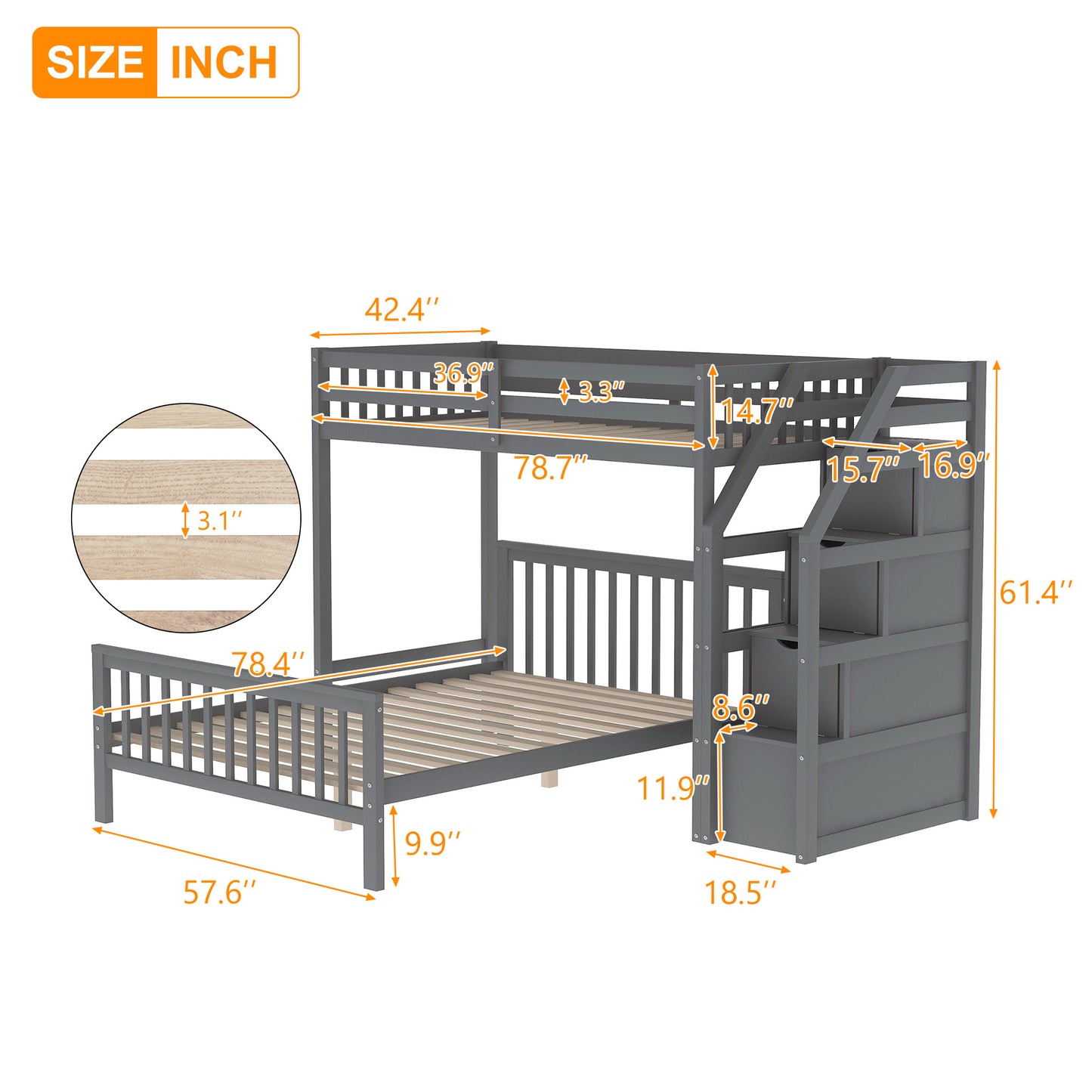 Twin over Full Loft Bed with Staircase,Gray