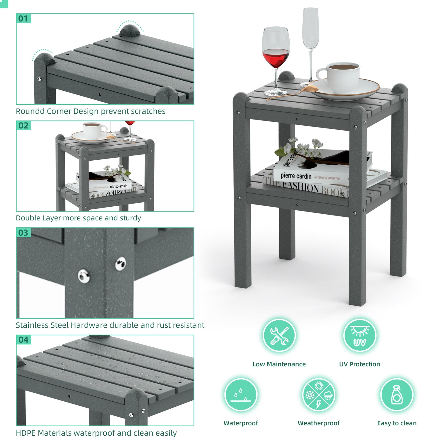 Double outdoor side table;  rectangular patio side table  in HDPE