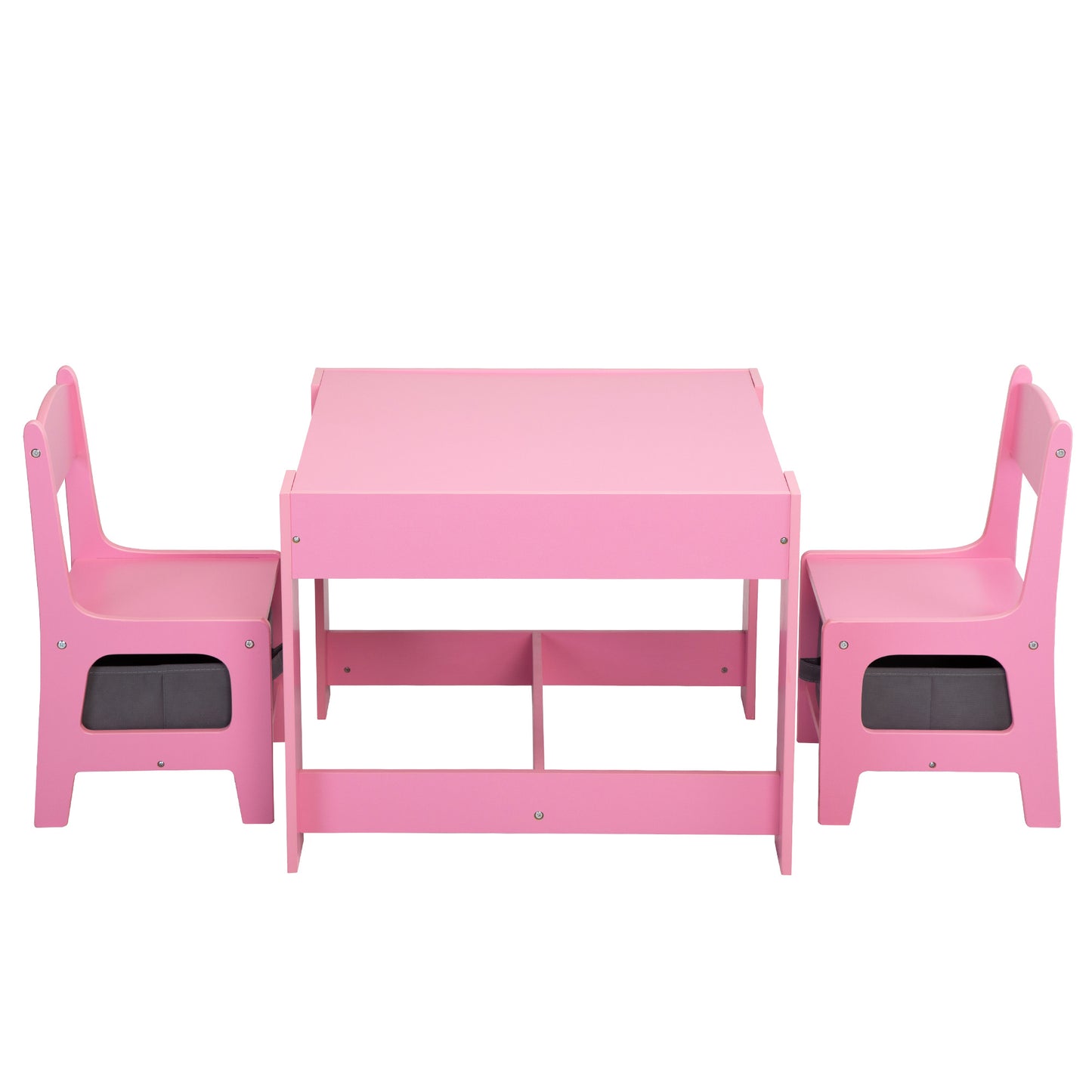 3-in-1 Kids Wood Table and 2 Chairs, Children Activity Table Set with Storage, Blackboard, Double-Sided Table for Drawing