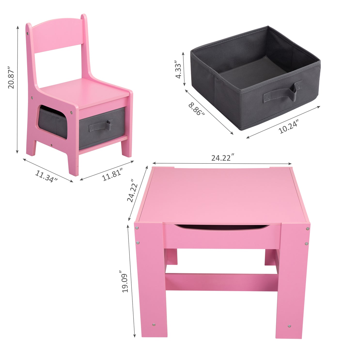 3-in-1 Kids Wood Table and 2 Chairs, Children Activity Table Set with Storage, Blackboard, Double-Sided Table for Drawing