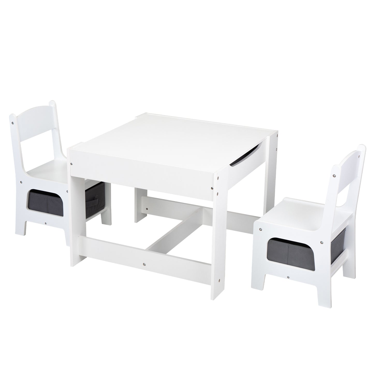 3-in-1 Kids Wood Table and 2 Chairs, Children Activity Table Set with Storage, Blackboard, Double-Sided Table for Drawing