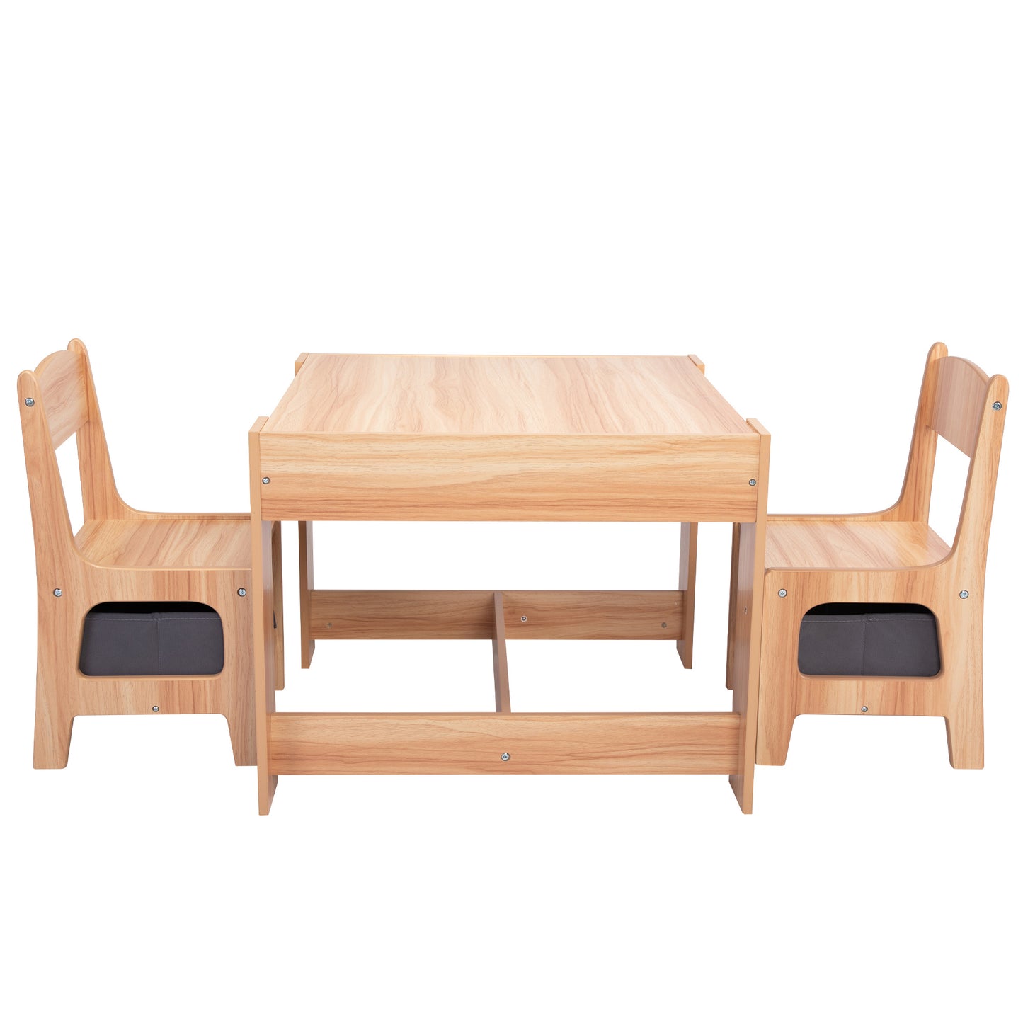 3-in-1 Kids Wood Table and 2 Chairs, Children Activity Table Set with Storage, Blackboard, Double-Sided Table for Drawing