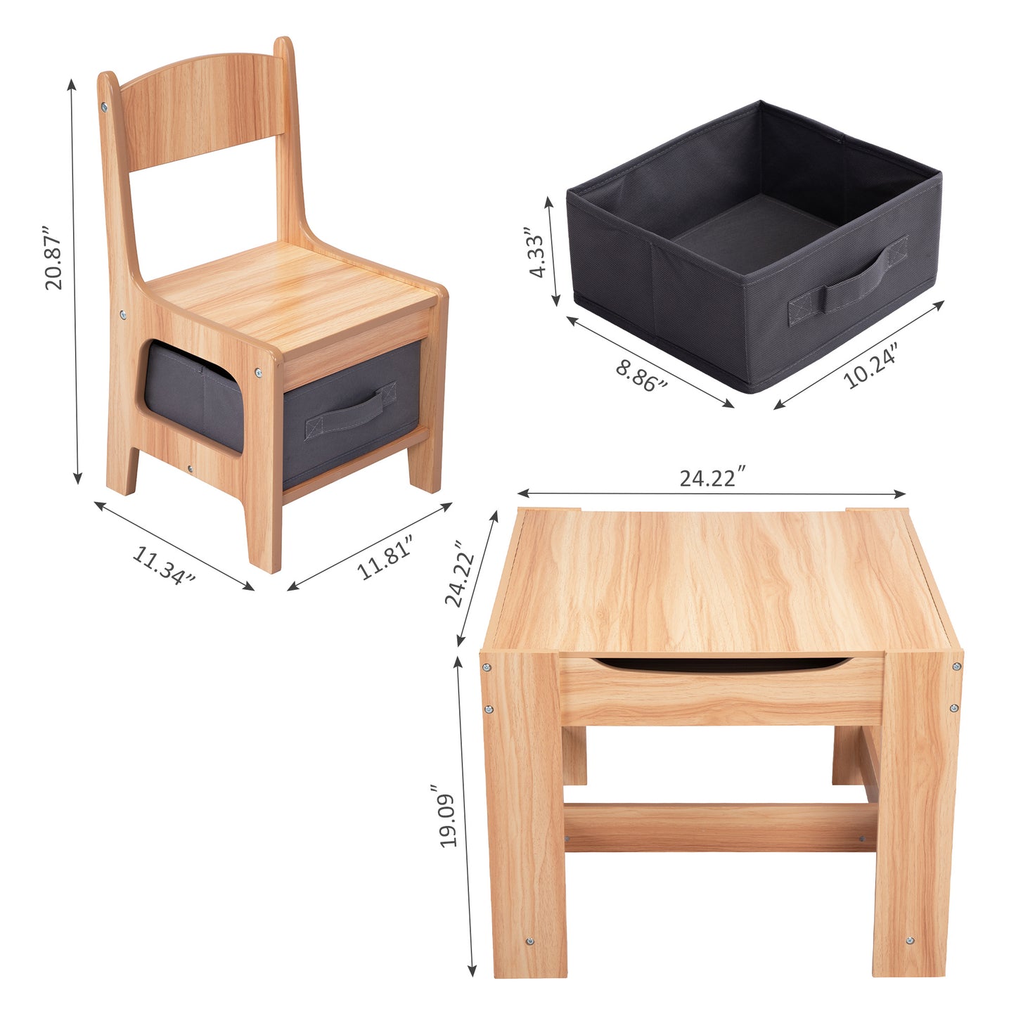 3-in-1 Kids Wood Table and 2 Chairs, Children Activity Table Set with Storage, Blackboard, Double-Sided Table for Drawing