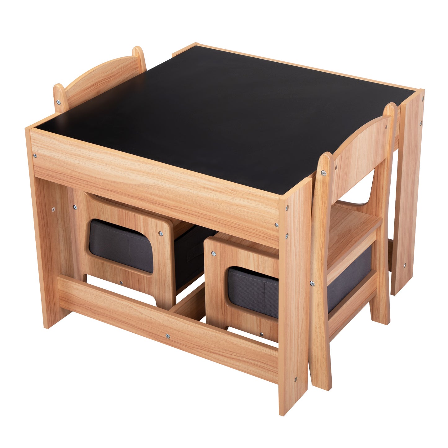 3-in-1 Kids Wood Table and 2 Chairs, Children Activity Table Set with Storage, Blackboard, Double-Sided Table for Drawing